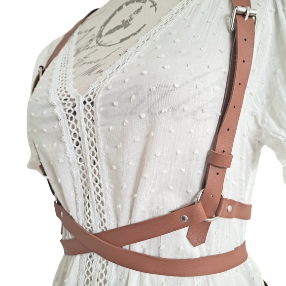 Faux leather brown Underbust adjustable harness suspenders sexy waist belt - Picture 8 of 15